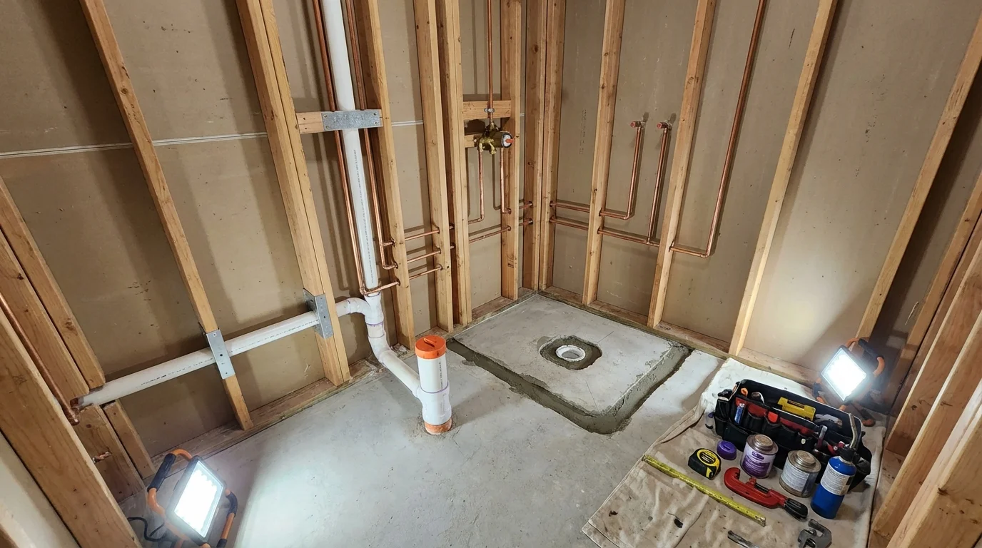 Bathroom rough-in plumbing during remodel by Johns Plumbing LLC in North Scituate