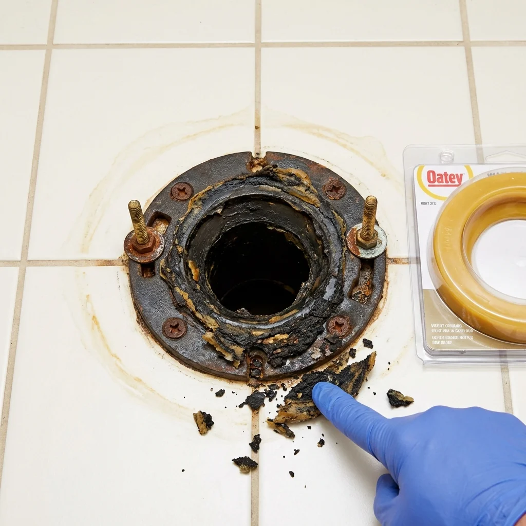 Failed wax ring showing water seepage at the base of a toilet in a North Scituate, RI home