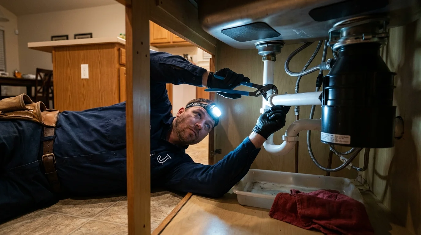 P-trap and supply line connections under a kitchen sink showing a common leak point in North Scituate, RI